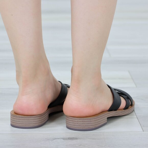 Black Flat Slip On Sliders Sandal Strappy Trendy Comfort Lightweight - Picture 7 of 11